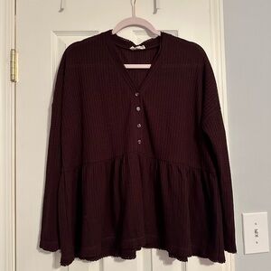 In Loom Deep Burgundy Buttoned Babydoll Blouse with peplum hem